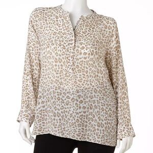 Apt. 9 Leopard Cheetah Half Zip Silky Blouse Womens XS Taupe Long Sleeve Work